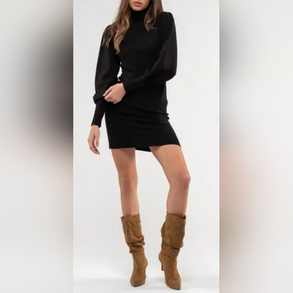 Size M - August Sky Elegant Black Turtleneck Ballon Sleeve Sweater Dress - Picture 1 of 4